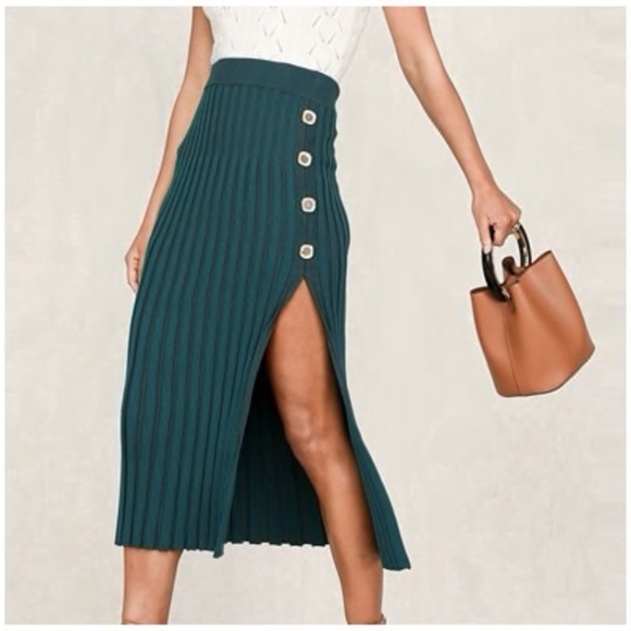 Rouge! Dresses & Skirts - Green Rib Knit High Slit Buttoned Midi Skirt